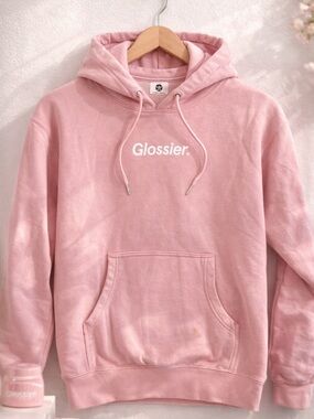 Glossier Pink Hoodie Small Logo Sweatshirt Cozy Streetwear